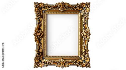 classic gold rectangular picture frame with antique baroque style ornate pattern for luxury wall decor, PNG, generative ai