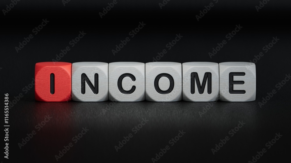 Wooden cubes with INCOME word.close up of wooden elements,Business Concept.3D rendering on black background.