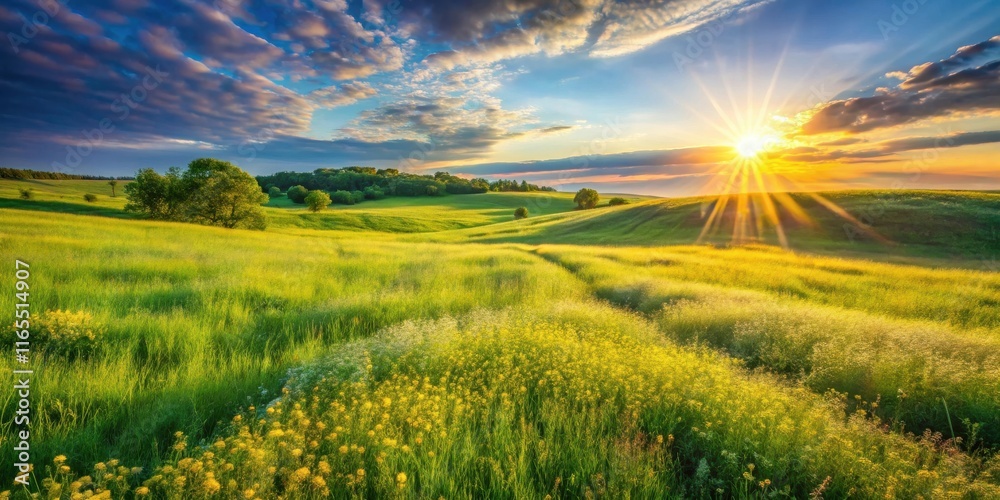 Golden Rays of Sunlight Illuminating a Rolling Meadow, Casting Long Shadows and Bathing the Lush Grass in Warm Light Golden Rays of Sunlight Illuminating a Rolling Meadow, Casting Long Shadows and Bathing the Lush Grass in Warm Light