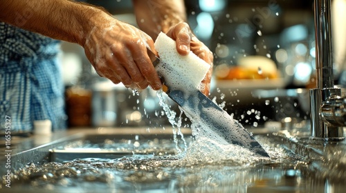 Hands washing a chef's knife in a kitchen sink. photo