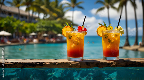 Hawaii mai tai drinks on waikiki beach swimming pool bar travel vacation in Honolulu, Hawaii. Alcohol cocktails with ocean view, luau party nightlife,generative.ai