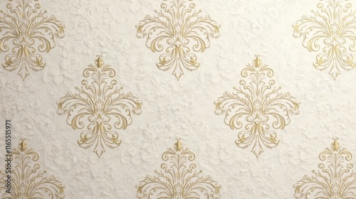 Elegant Cream and Gold Damask Wallpaper Design, Perfect for Interior Decoration Projects Featuring Intricate Floral Motifs and a Luxurious Texture