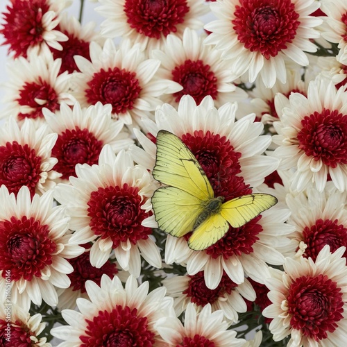 A glowing sulfur butterfly on a cluster of crimson chrysanthemums against a clean white background. photo