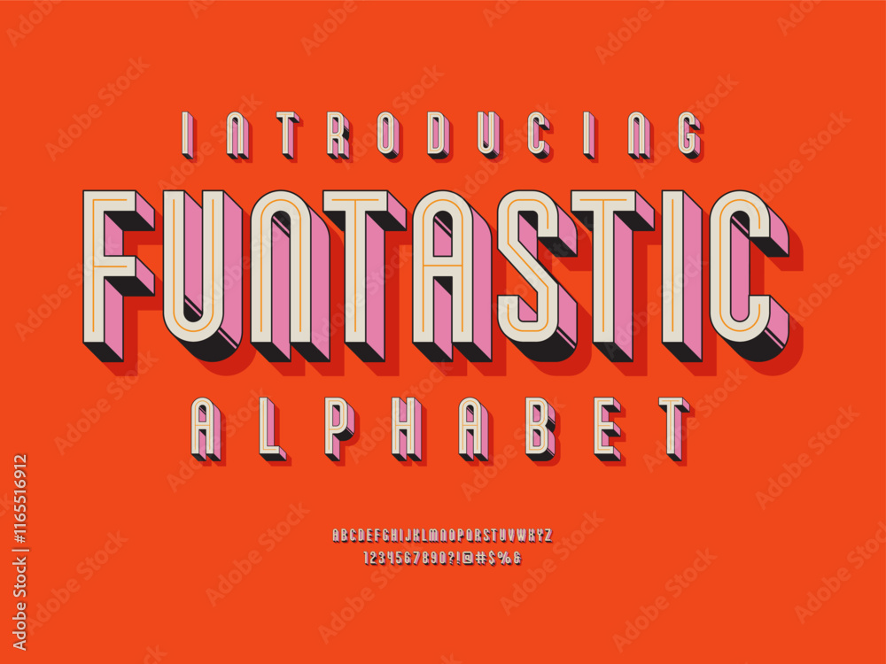 Vector of stylized condensed alphabet design with uppercase, numbers and symbols