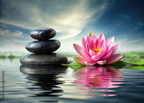 Black Stones Lotus Reflection Calm Water