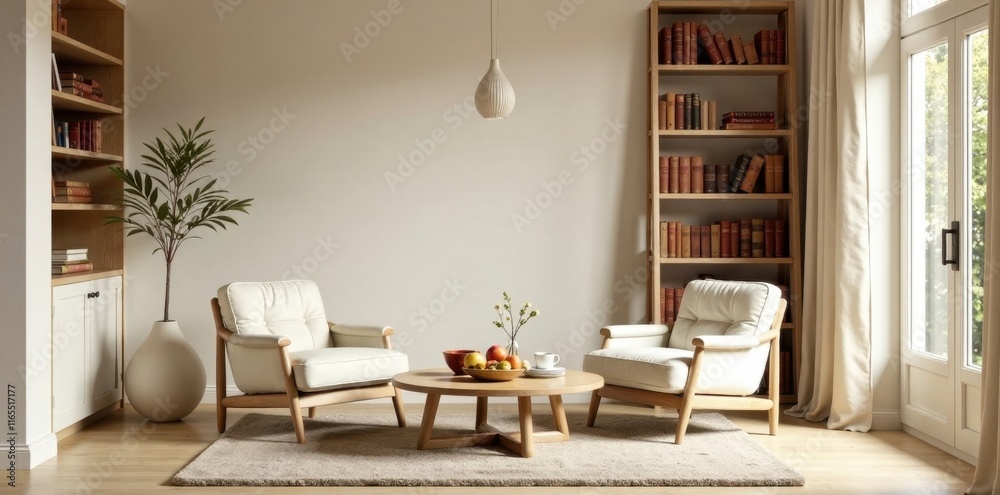 Serene Living Room with Light-Colored Armchairs and Wooden Bookcase Featuring a Neutral Color Palette and Natural Light Serene Living Room with Light-Colored Armchairs and Wooden Bookcase Featuring a Neutral Color Palette and Natural Light