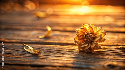 A solitary golden flower rests on weathered wooden planks, bathed in the warm glow of the setting sun.