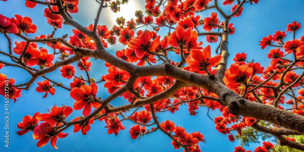 Blossoming Red Silk Cotton Tree - Low Angle View - AI Photo Blossoming Red Silk Cotton Tree - Low Angle View - AI Photo