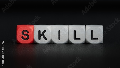 Fotografi Word skill, Wooden small cubes with letters with copy space available