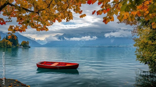 A serene view of lake geneva with a solitary red boat floating peacefully the majestic alps rise in the background under a cloudy sky, framed by vibrant foliage.