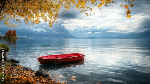 A serene view of lake geneva with a solitary red boat floating peacefully the majestic alps rise in the background under a cloudy sky, framed by vibrant foliage.