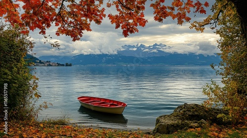 A serene view of lake geneva with a solitary red boat floating peacefully the majestic alps rise in the background under a cloudy sky, framed by vibrant foliage.