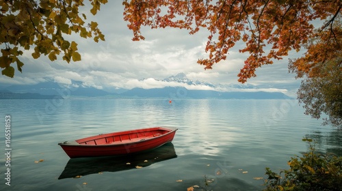 A serene view of lake geneva with a solitary red boat floating peacefully the majestic alps rise in the background under a cloudy sky, framed by vibrant foliage.