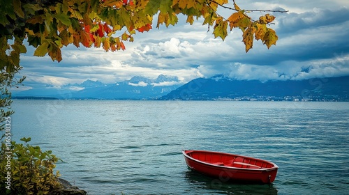 A serene view of lake geneva with a solitary red boat floating peacefully the majestic alps rise in the background under a cloudy sky, framed by vibrant foliage.