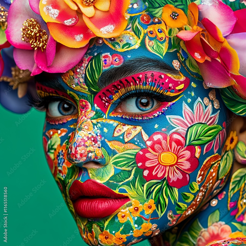 Fototapeta premium Colorful Floral Model Portrait with Vibrant Patterns