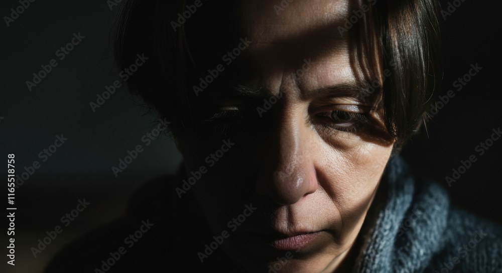 Pensive mature caucasian female in shadowed light Pensive mature caucasian female in shadowed light