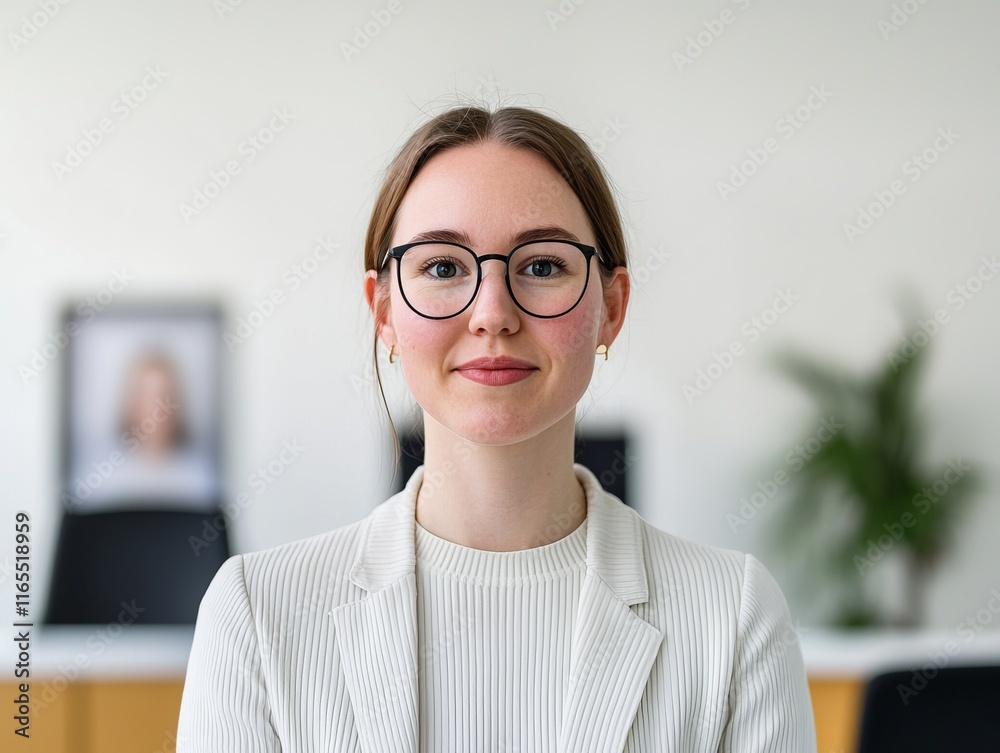 A confident young woman in a blazer and glasses poses in a modern office setting, featuring a professional atmosphere and neutral tones. A confident young woman in a blazer and glasses poses in a modern office setting, featuring a professional atmosphere and neutral tones.