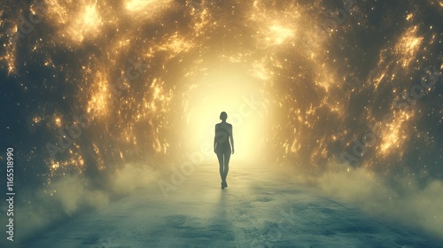 A symbolic depiction of a person passing into the afterlife, transitioning through a glowing tunnel toward light, representing dying, life after death, and spiritual experiences in ethereal settings