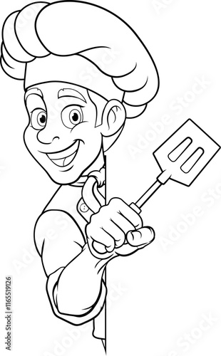 A chef, barbecue cook or baker cartoon food man mascot character holding a spatula and peeking around a sign or menu board with copy space illustration photo