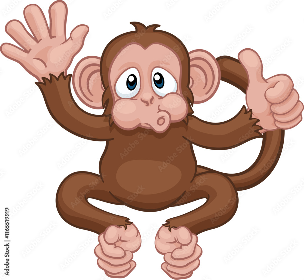 Fototapeta premium A monkey cute happy cartoon character animal waving and giving a thumbs up
