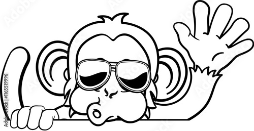 A monkey cool cartoon character animal wearing sunglasses peeking over a sign and waving