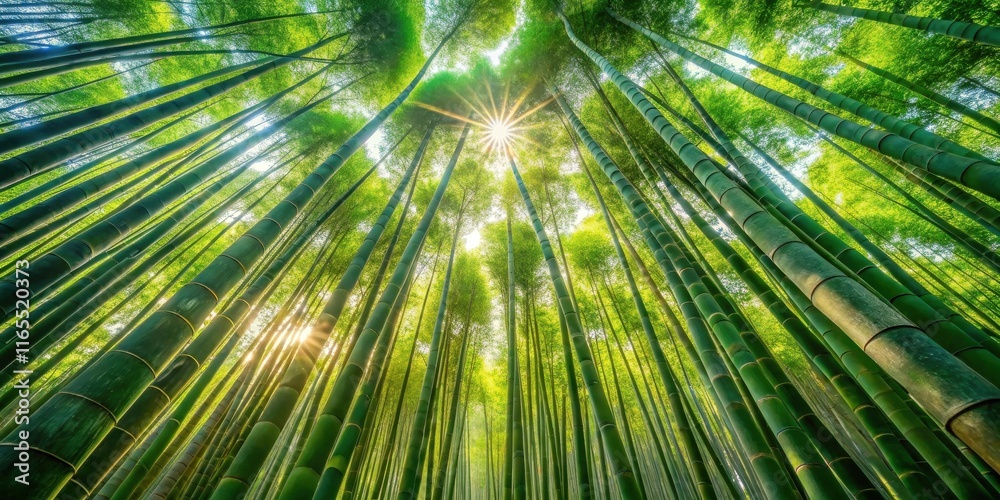A sunbeam pierces through the dense canopy of a bamboo forest, casting a radiant glow upon the towering stalks A sunbeam pierces through the dense canopy of a bamboo forest, casting a radiant glow upon the towering stalks