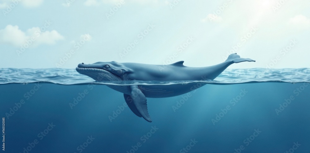 Obraz premium A Majestic Humpback Whale Gracefully Swims Through Crystal-Clear Ocean Waters, Its Immense Size and Elegant Form a Testament to the Wonders of the Deep Blue Sea