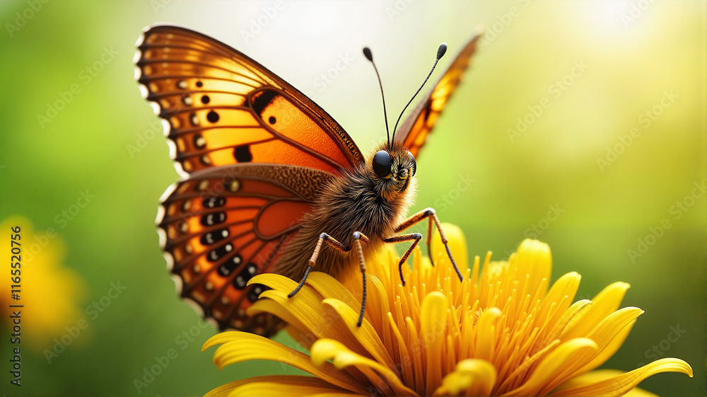 Fototapeta premium Orange butterfly on yellow flower in digital art style
