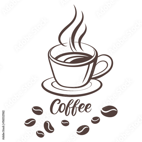 Coffee Cup with Steam and Coffee Beans Illustration,Elegant Coffee Logo Design for Cafes and Restaurants