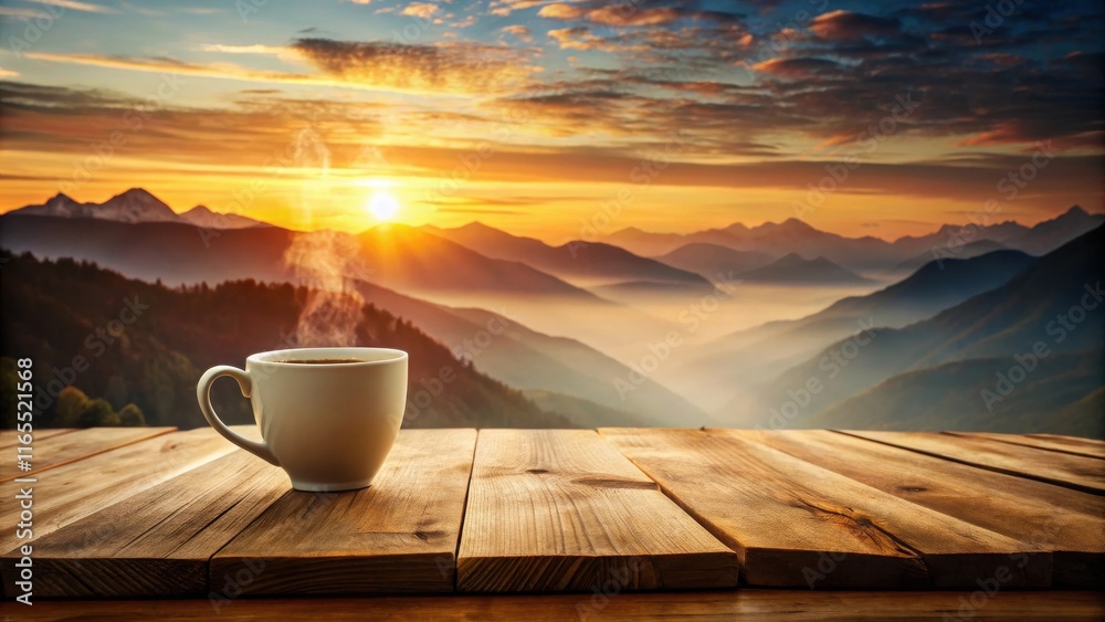 A steaming cup of coffee rests on a wooden table overlooking a breathtaking sunrise over a misty mountain landscape. A steaming cup of coffee rests on a wooden table overlooking a breathtaking sunrise over a misty mountain landscape.