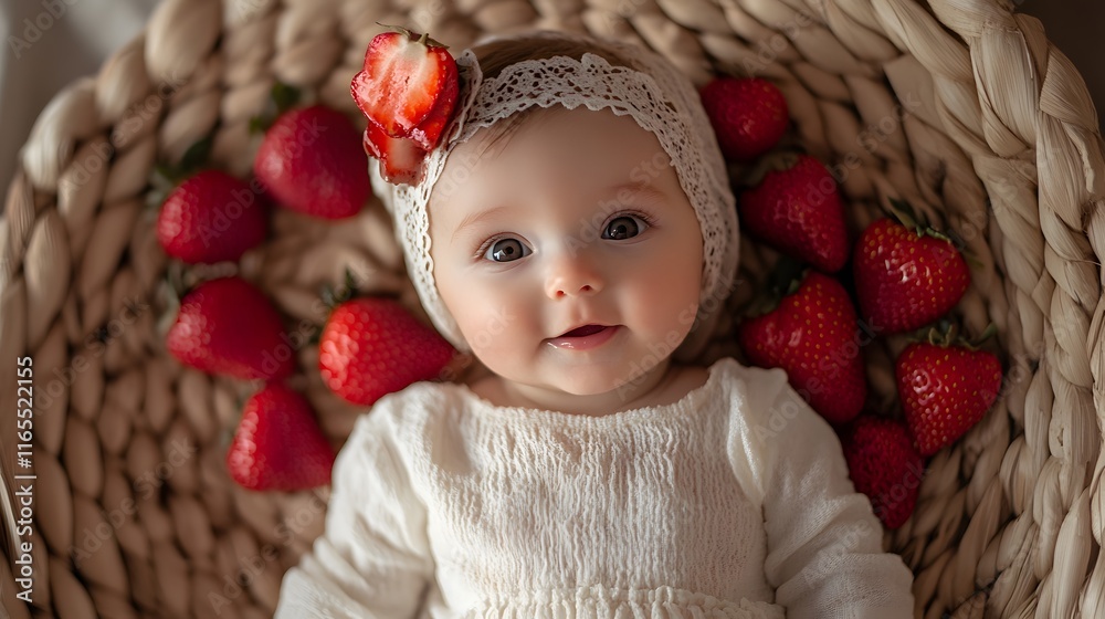 Baby Girl Surrounded by Strawberries in a Basket Baby Girl Surrounded by Strawberries in a Basket