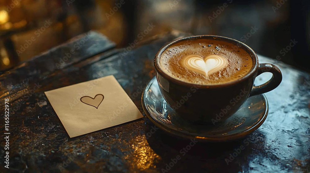 A steaming cup of coffee with foam art in the shape of a heart next to a small note. A steaming cup of coffee with foam art in the shape of a heart next to a small note.