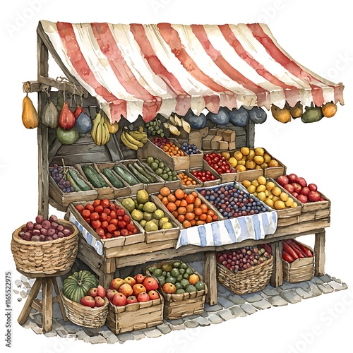Watercolor Illustration of a Rustic Fruit and Vegetable Stand Overflowing with Fresh Produce.