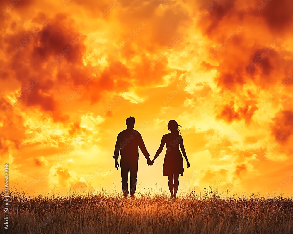 Silhouette of Emotional Storytelling, Couple Walking Hand in Hand at Sunset Silhouette of Emotional Storytelling, Couple Walking Hand in Hand at Sunset