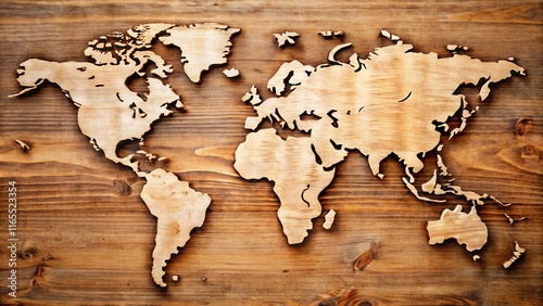 Fototapeta Naklejka Na Ścianę i Meble -  A detailed world map carved into a wooden surface, showcasing the continents and oceans in a rustic aesthetic.