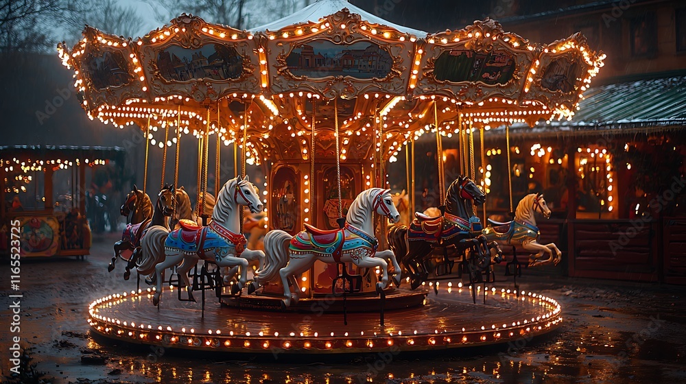 Fototapeta premium Illuminated carousel with horses at night, winter setting, wet ground.
