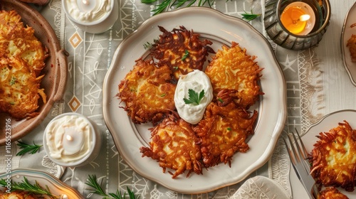 Delicious Potato Pancakes with Creamy Sauce, Festive Hanukkah Dinner photo