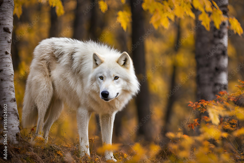 An Arctic wolf looking directly at the camera on a fall day. An Arctic wolf looking directly at the camera on a fall day.