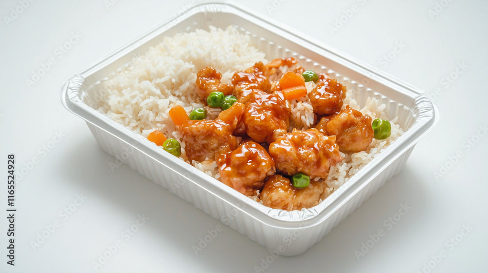 A white styrofoam container filled with flavorful fried rice and crispy orange chicken, offering a delicious takeout meal that is quick, satisfying, and perfect for enjoying on the go. A white styrofoam container filled with flavorful fried rice and crispy orange chicken, offering a delicious takeout meal that is quick, satisfying, and perfect for enjoying on the go.