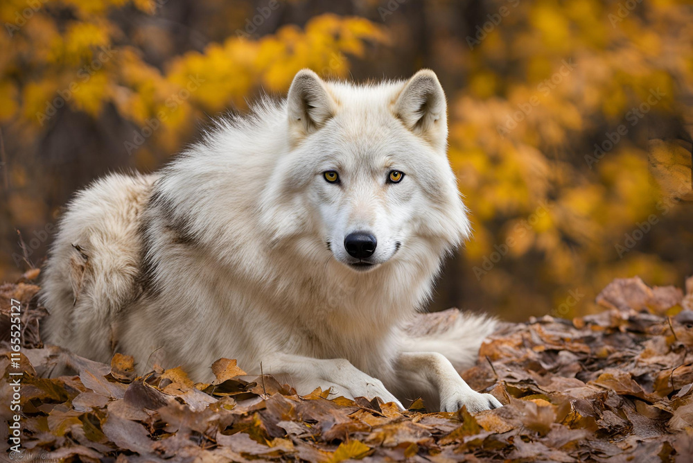 An Arctic wolf staring at the camera on an autumn day. An Arctic wolf staring at the camera on an autumn day.