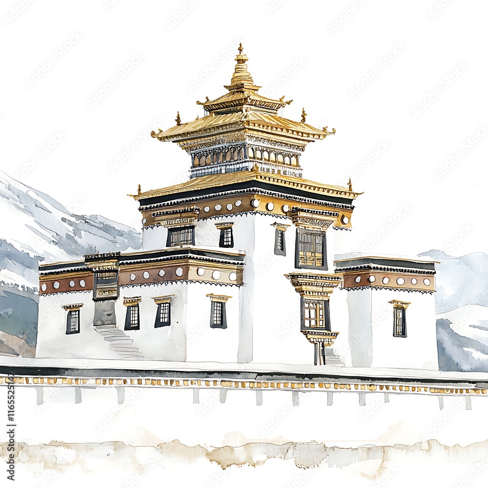 Obraz premium Watercolor Painting of a Traditional Tibetan Buddhist Temple Nestled in a Mountainous Landscape.