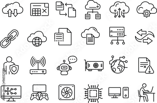 "Internet and Computer Web Icons in Line Style: Cloud Technology and Digital Services"