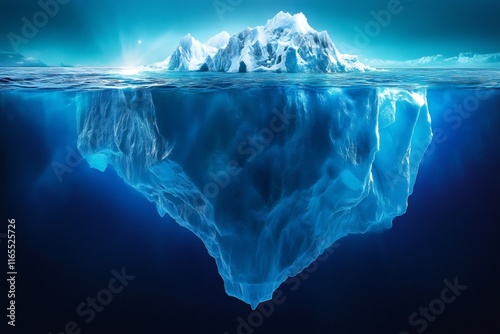 Huge iceberg floating in the ocean showing the tip and the hidden part