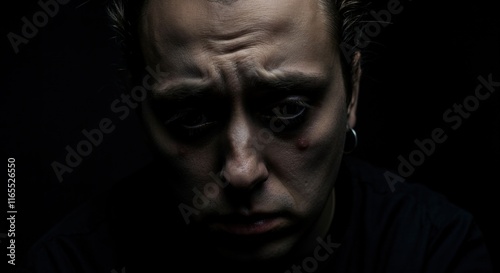 Contemplative caucasian male in low light capturing intense emotion photo