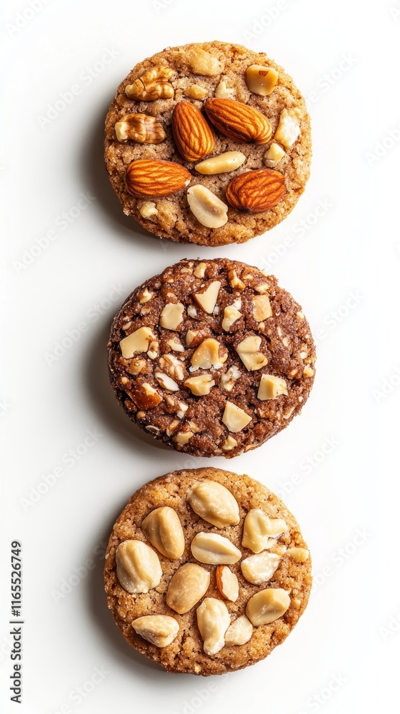 Three Nutty Cookies: A Delightful Trio of Baked Treats with Almonds, Peanuts, and Walnuts. A Simple Yet Appealing Food Photography Composition. Three Nutty Cookies: A Delightful Trio of Baked Treats with Almonds, Peanuts, and Walnuts. A Simple Yet Appealing Food Photography Composition.