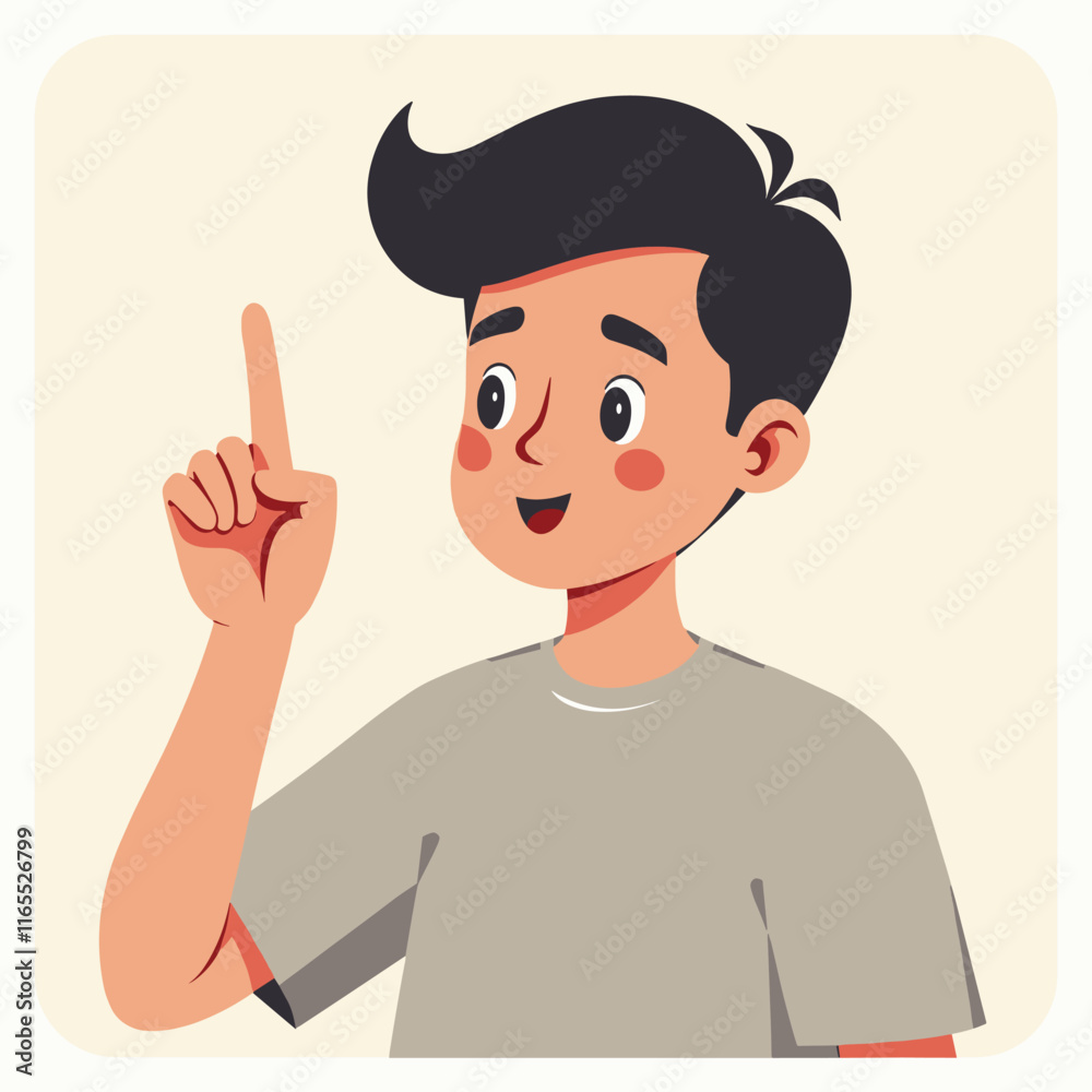 Smiling boy with index finger raised, suggesting an idea or pointing upward. A cheerful, friendly illustration, perfect for educational or presentation contexts. Smiling boy with index finger raised, suggesting an idea or pointing upward. A cheerful, friendly illustration, perfect for educational or presentation contexts.