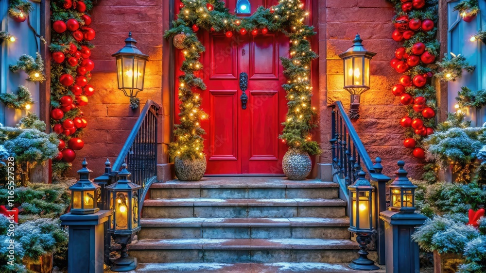 Fototapeta premium Christmas Red Door Blue Lanterns Long Exposure
