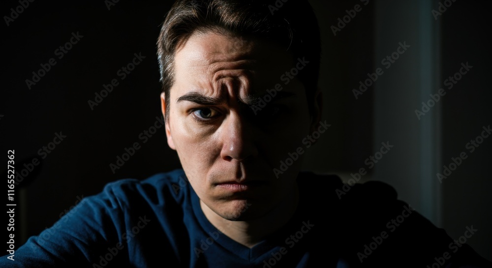 Caucasian young male with intense expression in shadowy lighting Caucasian young male with intense expression in shadowy lighting