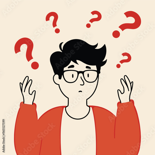 Confused young man surrounded by question marks. Flat vector illustration depicting uncertainty and indecision.