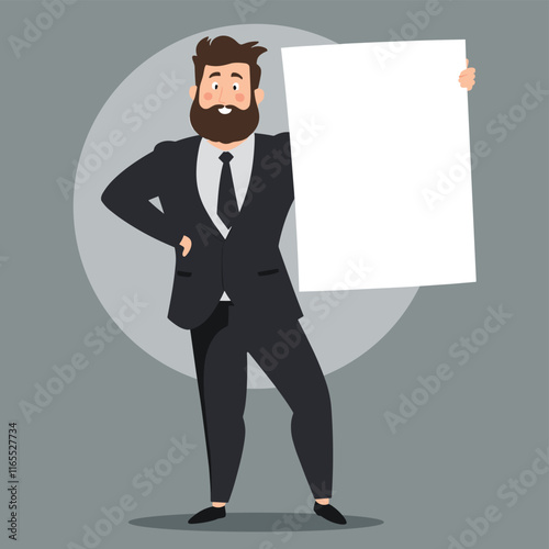 Smiling businessman in suit holding a blank sign. Perfect for presentations, advertising, and announcements.  Vector illustration.